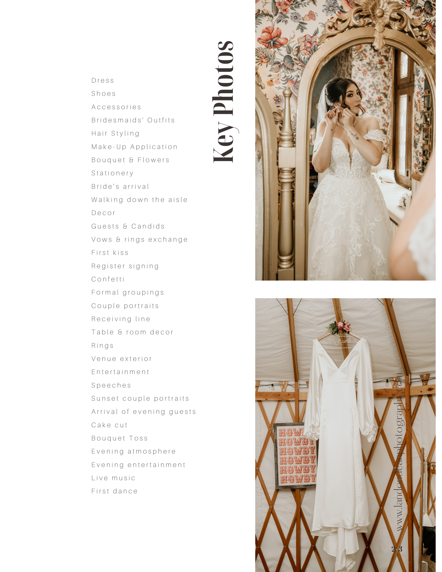Collage of wedding preparation details with key photo checklist on the left. The right side shows a bride adjusting earrings in a mirror and a white wedding dress hanging inside a tent with 'Howdy' sign.