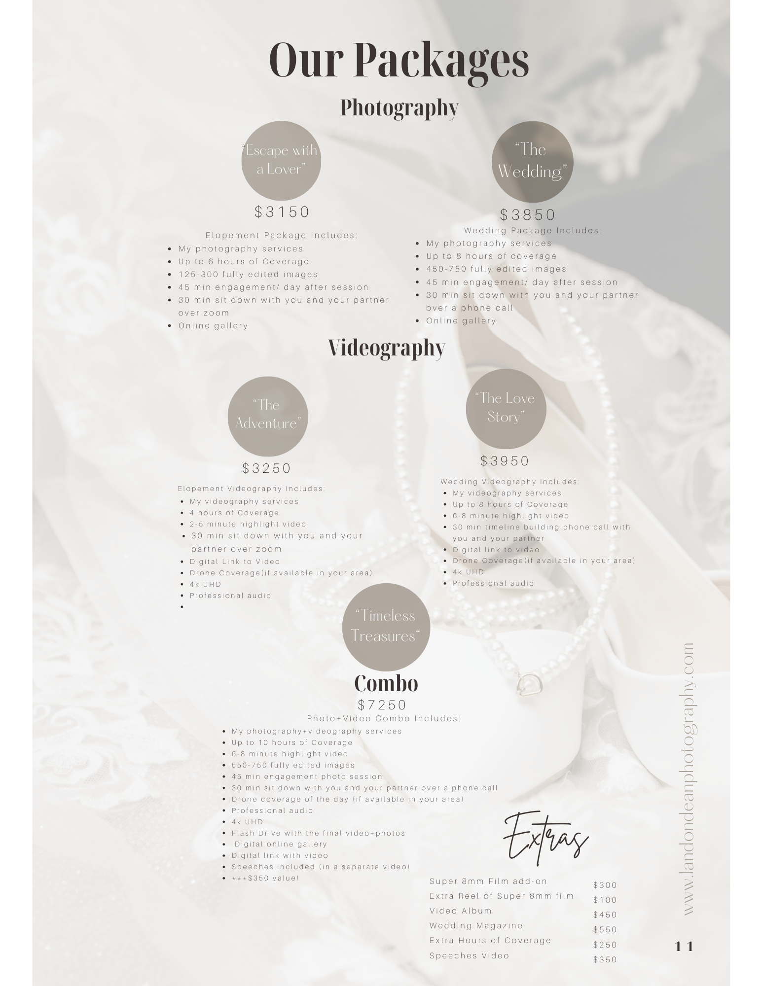 A wedding photography and videography price list with packages and extras. Packages include "Escape with a Lover" at $3150, "The Wedding" at $3850, "The Adventure" at $3250, "The Love Story" at $3950, and "Timeless Treasures" combo at $7250. Services
