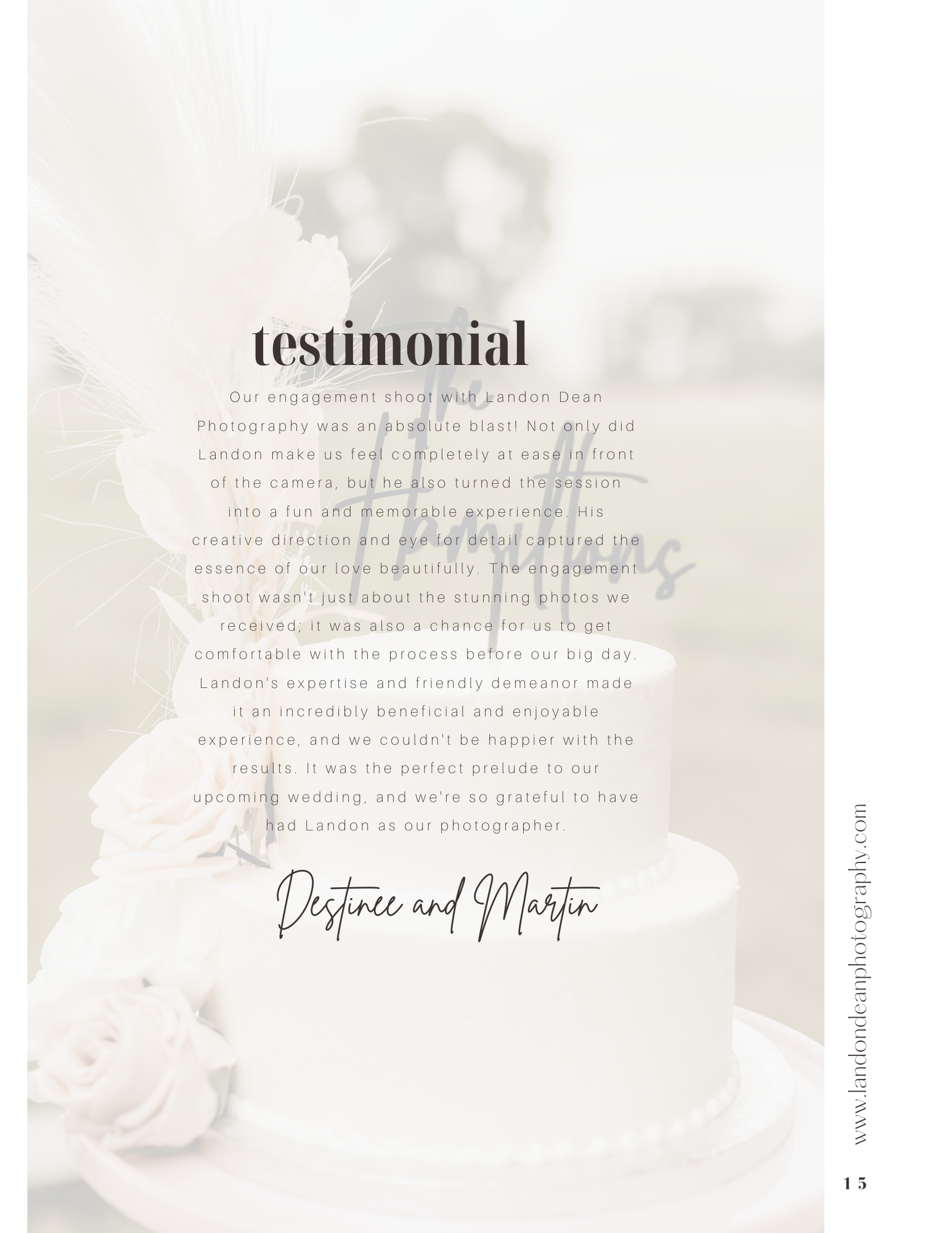 Text testimonial overlay on a photo of a wedding cake with flowers, including feedback for Landon Dean Photography from clients Destinee and Martin. The testimonial praises the photographer's creativity, expertise, and friendly demeanor during their 