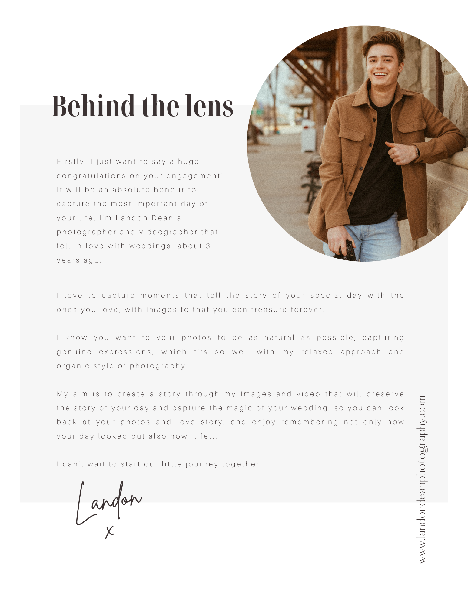 Promotional flyer for photographer and videographer Landon Dean. It features a circular photo of a smiling person outdoors, wearing a brown jacket. Text describes Landon Dean's passion for capturing wedding moments naturally and authentically, emphas