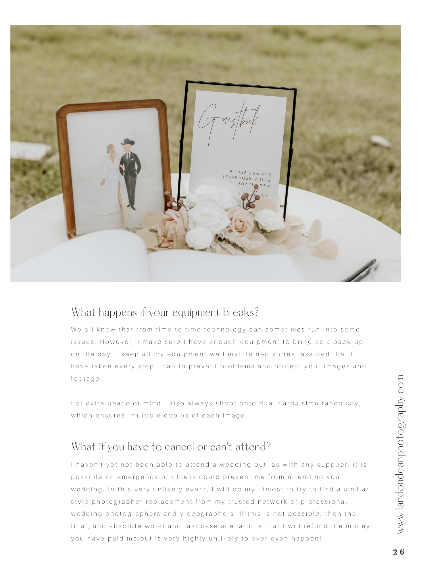 Wedding guestbook table with sign, flowers, pen, framed picture of bride and groom illustration, and information card about photography services.