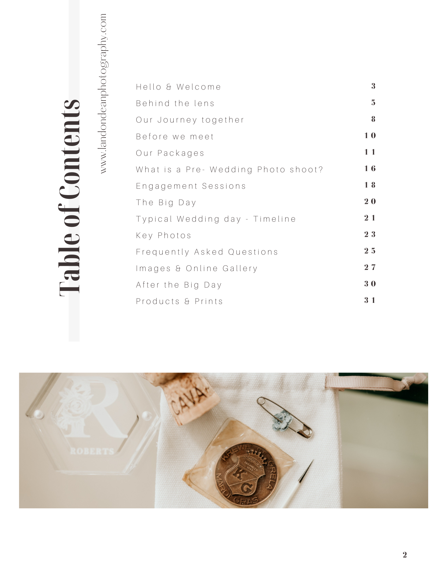 Wedding photography portfolio table of contents with topics and page numbers, alongside decorative items including a coin in packaging, cork, safety pin, and pen.