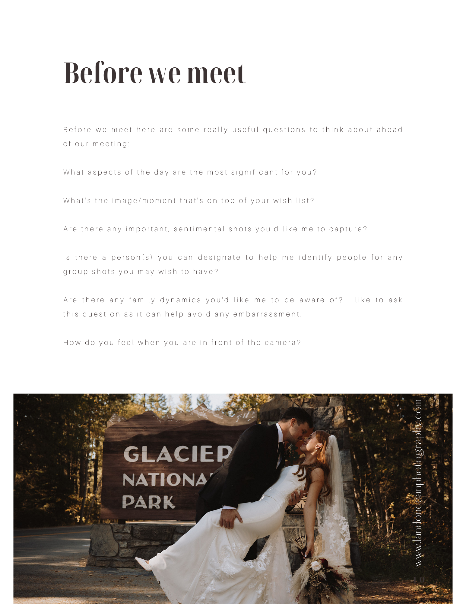 A wedding photography guide titled "Before we meet" with questions for clients. Below, there's an image of a couple kissing in front of the "Glacier National Park" sign. The man is wearing a suit and the woman is in a wedding dress. The photographer'
