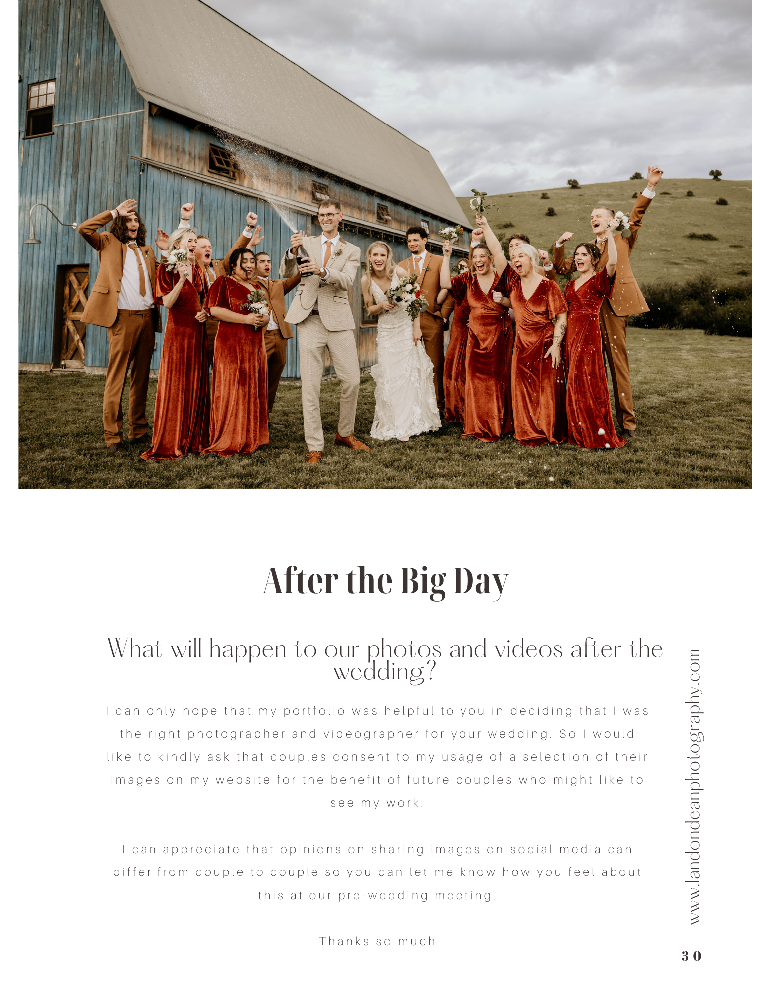 Bridal party celebrating with champagne by a blue barn, wearing brown suits and red dresses. Text below discusses photo and video consent post-wedding.
