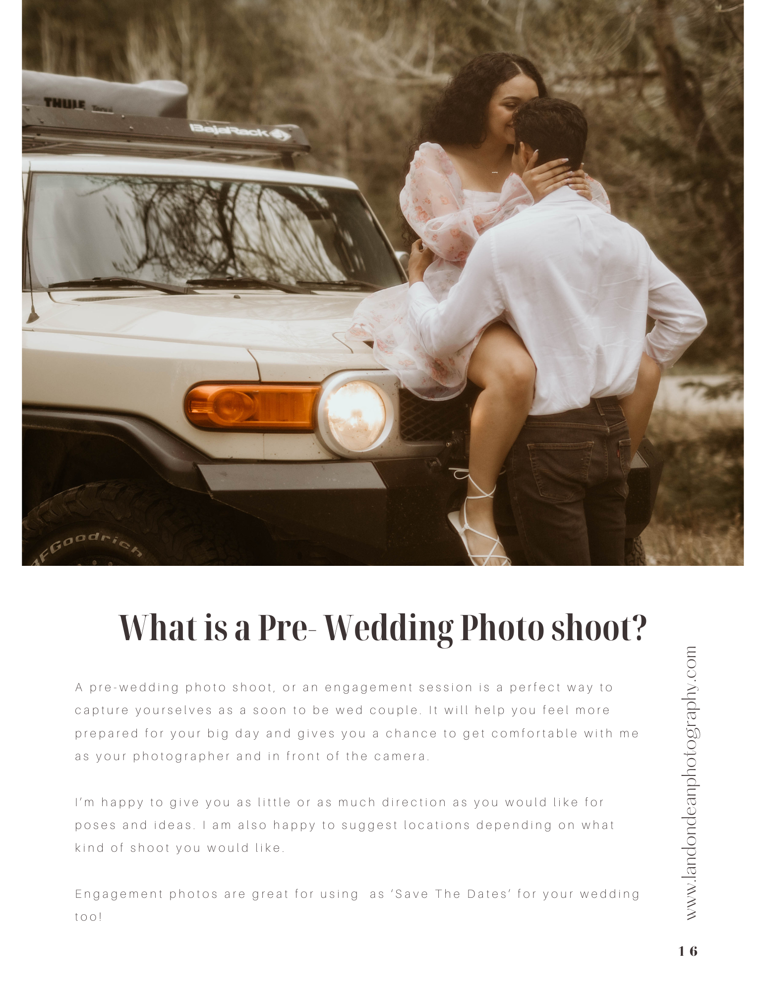 A couple photographed next to a vehicle during a pre-wedding photo shoot, with engagement session details provided in the text.