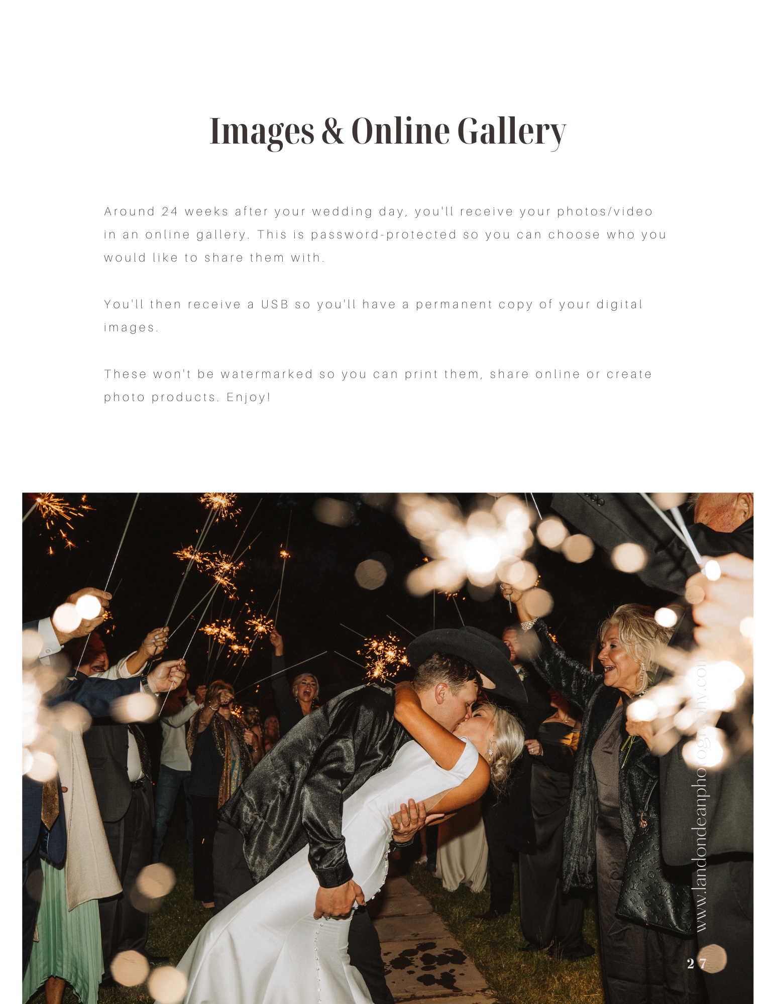 Wedding photo gallery service description with an image of a newlywed couple kissing under sparklers during a night celebration.