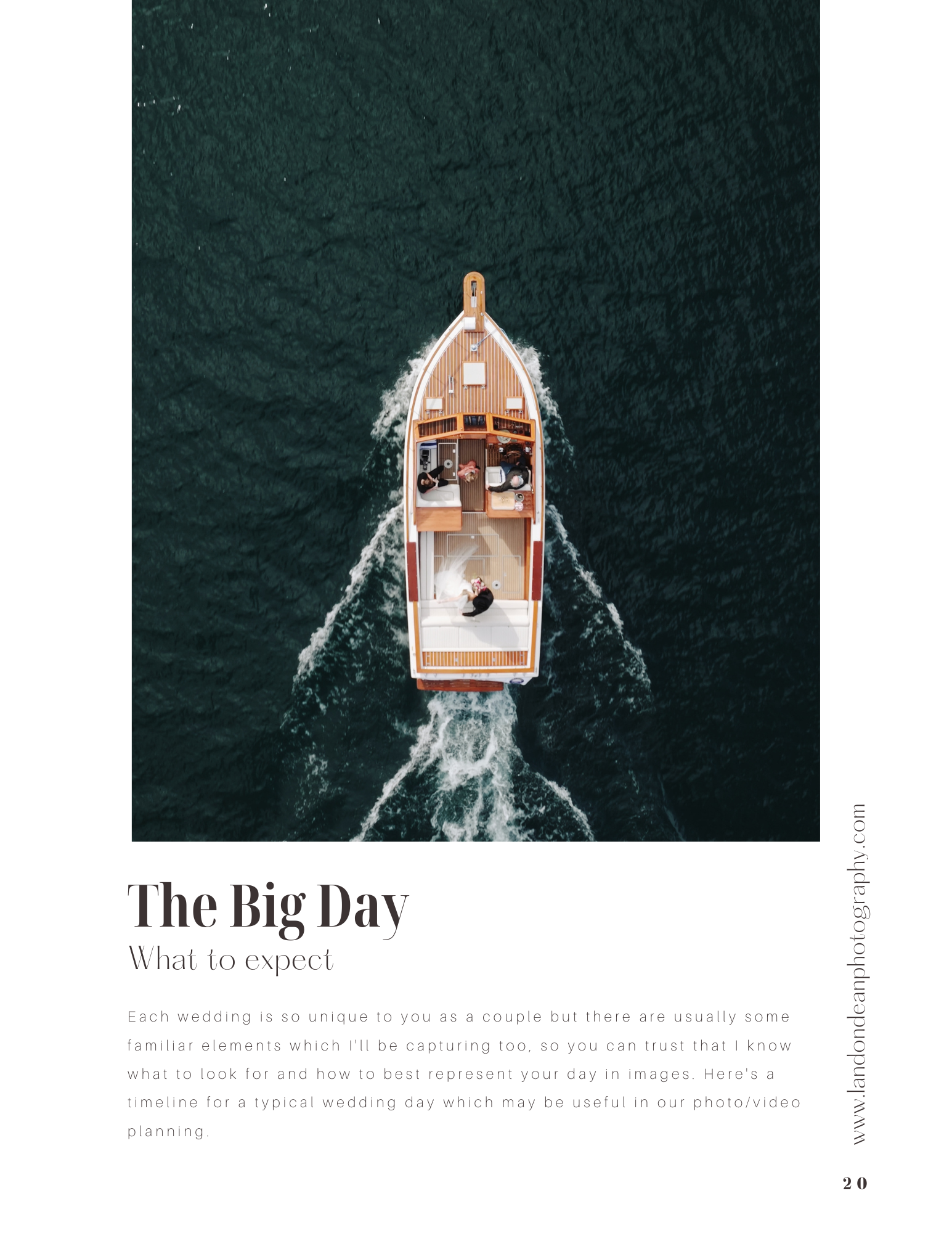 Top view of a boat on water at The Lodge at Whitefish Lake with people onboard, set against text that reads "The Big Day: What to expect." The page appears to be part of a wedding photography guide.