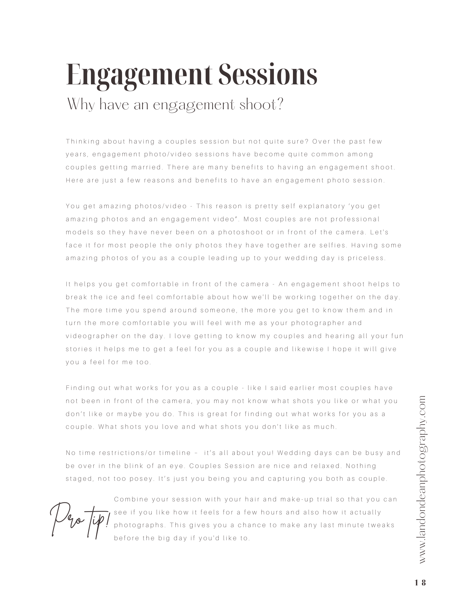Text about engagement photo sessions, explaining benefits including capturing memories, getting comfortable with the camera, exploring preferred photo styles, and removing time restrictions. Includes a pro tip about combining a hair and makeup trial 