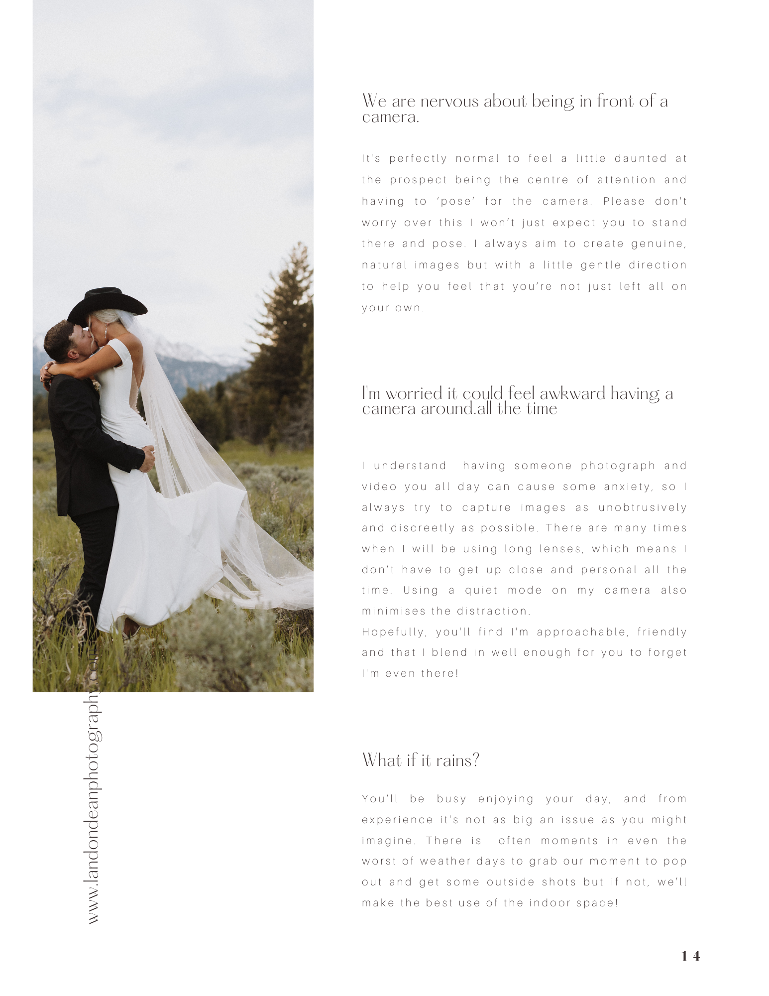 Wedding couple kissing outdoors with text offering photography advice covering topics like camera anxiety and dealing with rain.