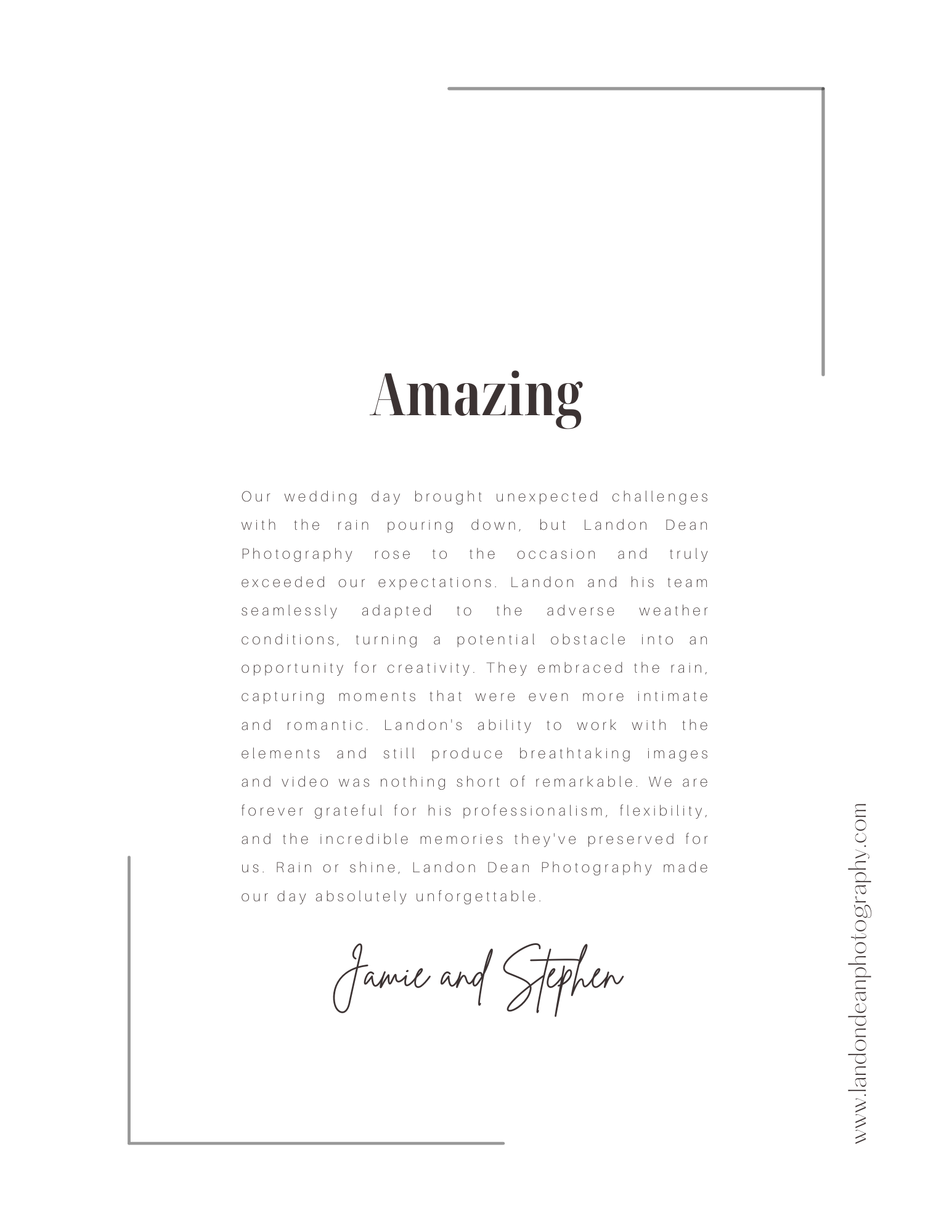 Testimonial review from a couple praising a photography service for its creativity and professionalism during challenging weather on their wedding day, mentioning the photographer's adaptability and the unforgettable memories captured. Includes signa