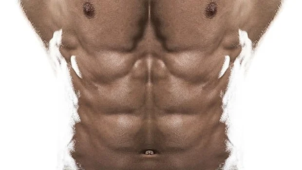 Close-up of a male model's highly defined abdominal muscles