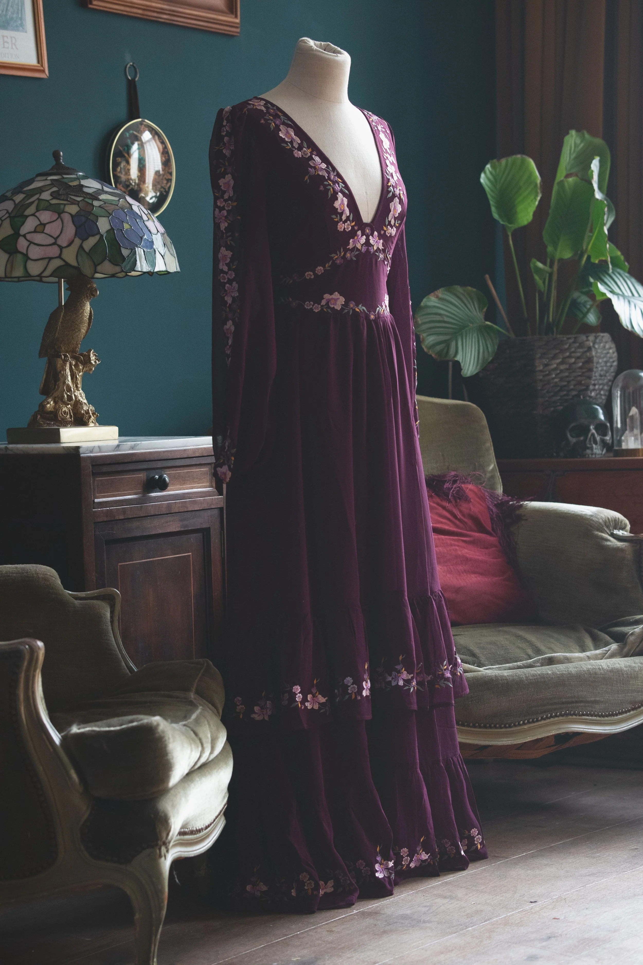 Plum Floral Embroidered Dress XS-S