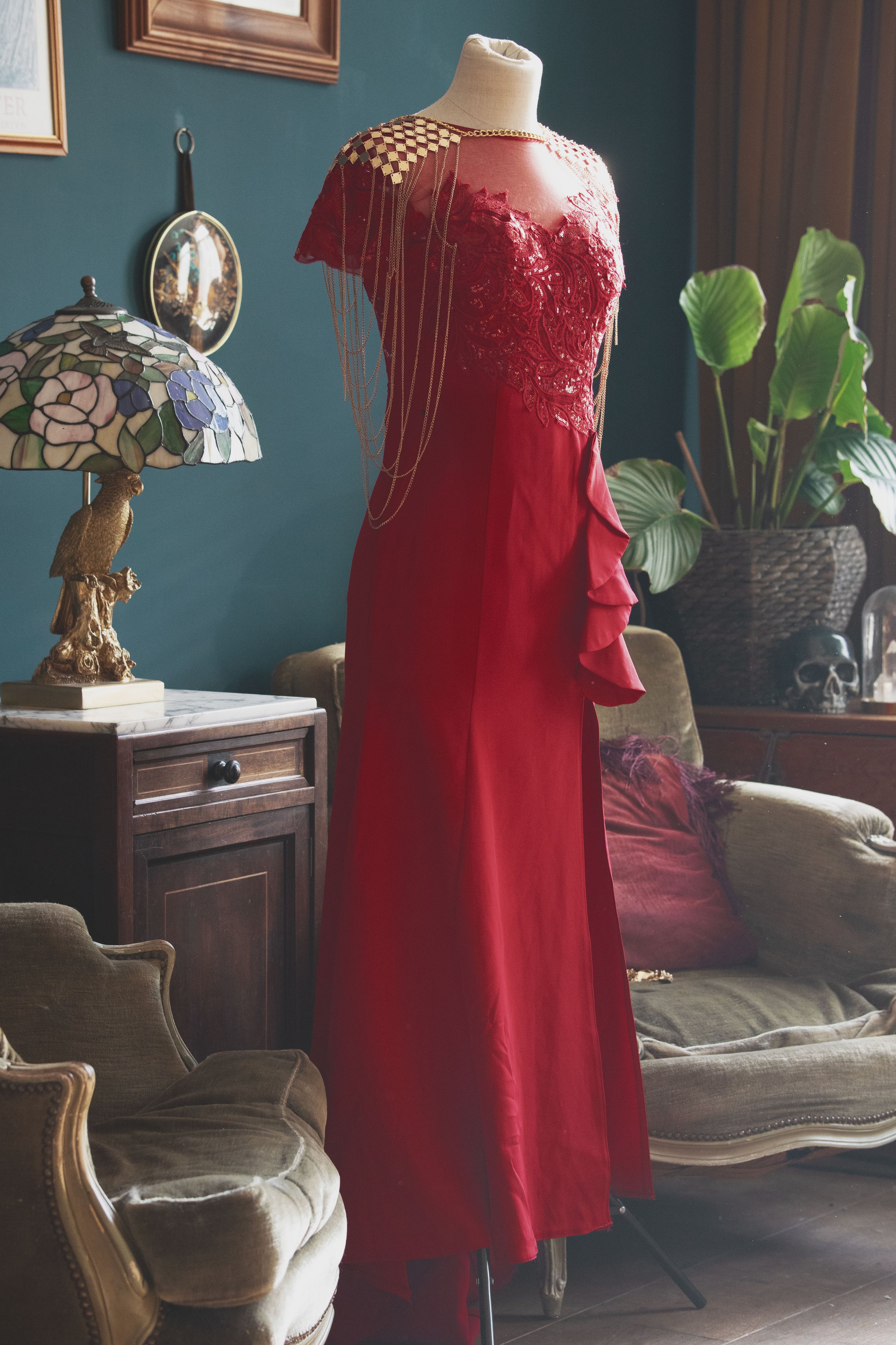 Red Embroidered Gown S
