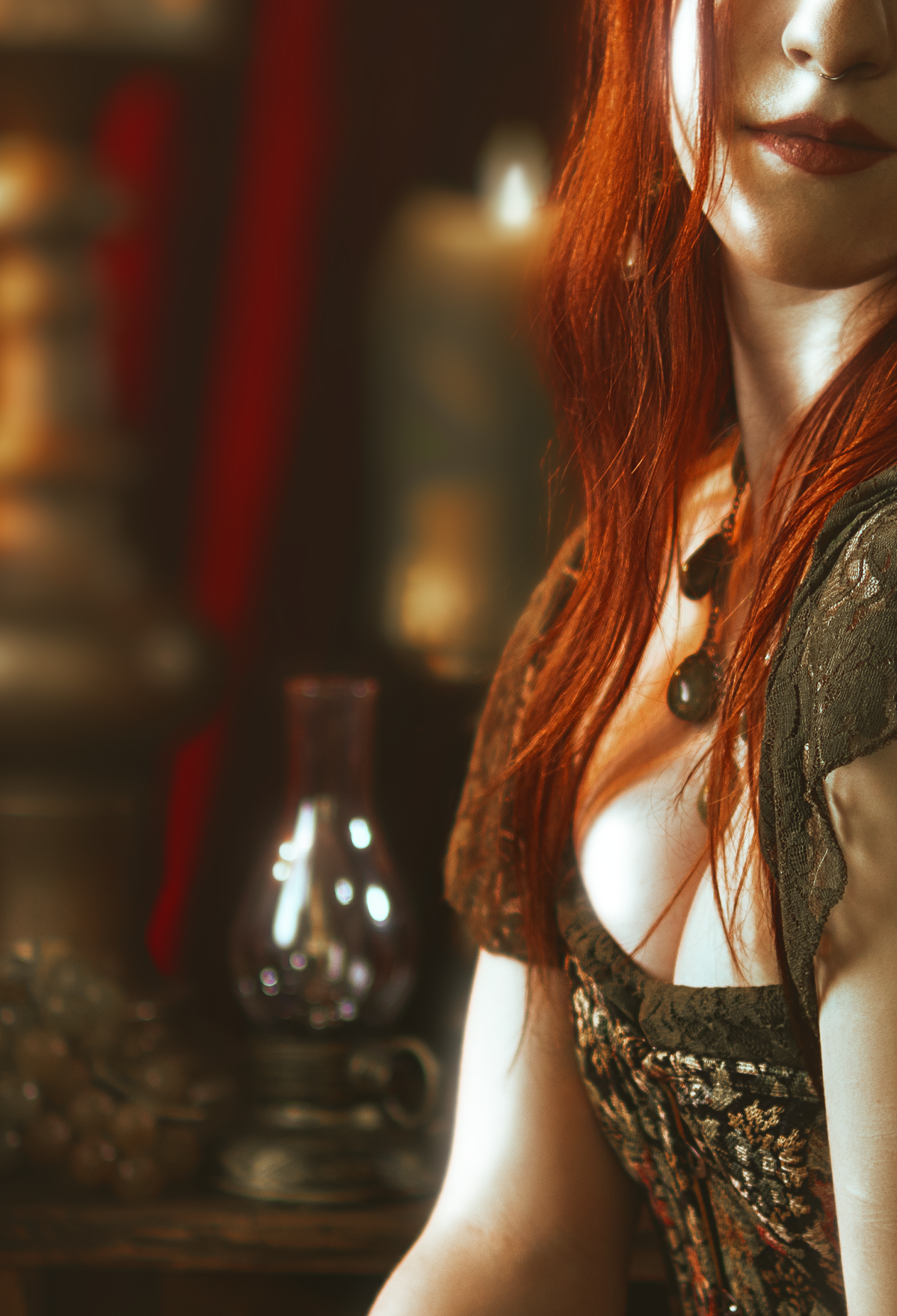 Persephone inspired dark goddess cosplay portrait with pomegranate, red velvet and candlelight. Fine art fantasy photography based on Greek mythology, featuring rich colors and a moody, storytelling atmosphere.