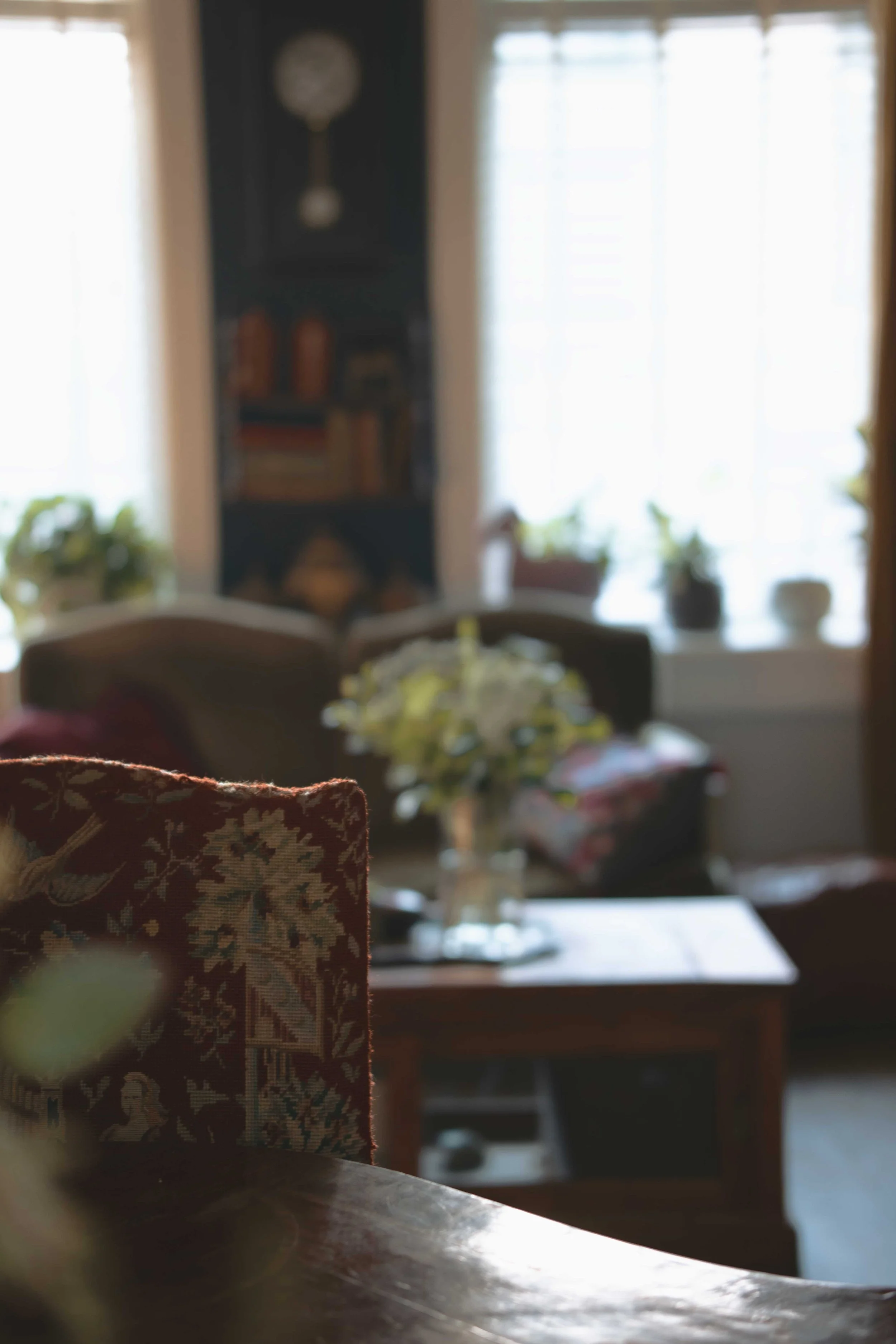 Cozy living room with floral-upholstered furniture, wooden table, potted plants, and bookshelves under large windows.