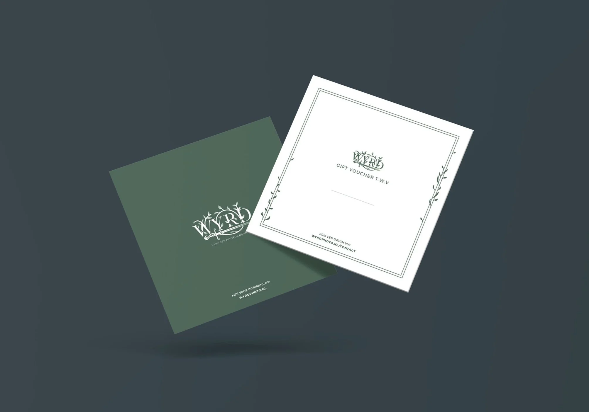 Two gift vouchers for Wyrd Fantasy Photography on a dark background, one green and one white, featuring decorative borders and logos.