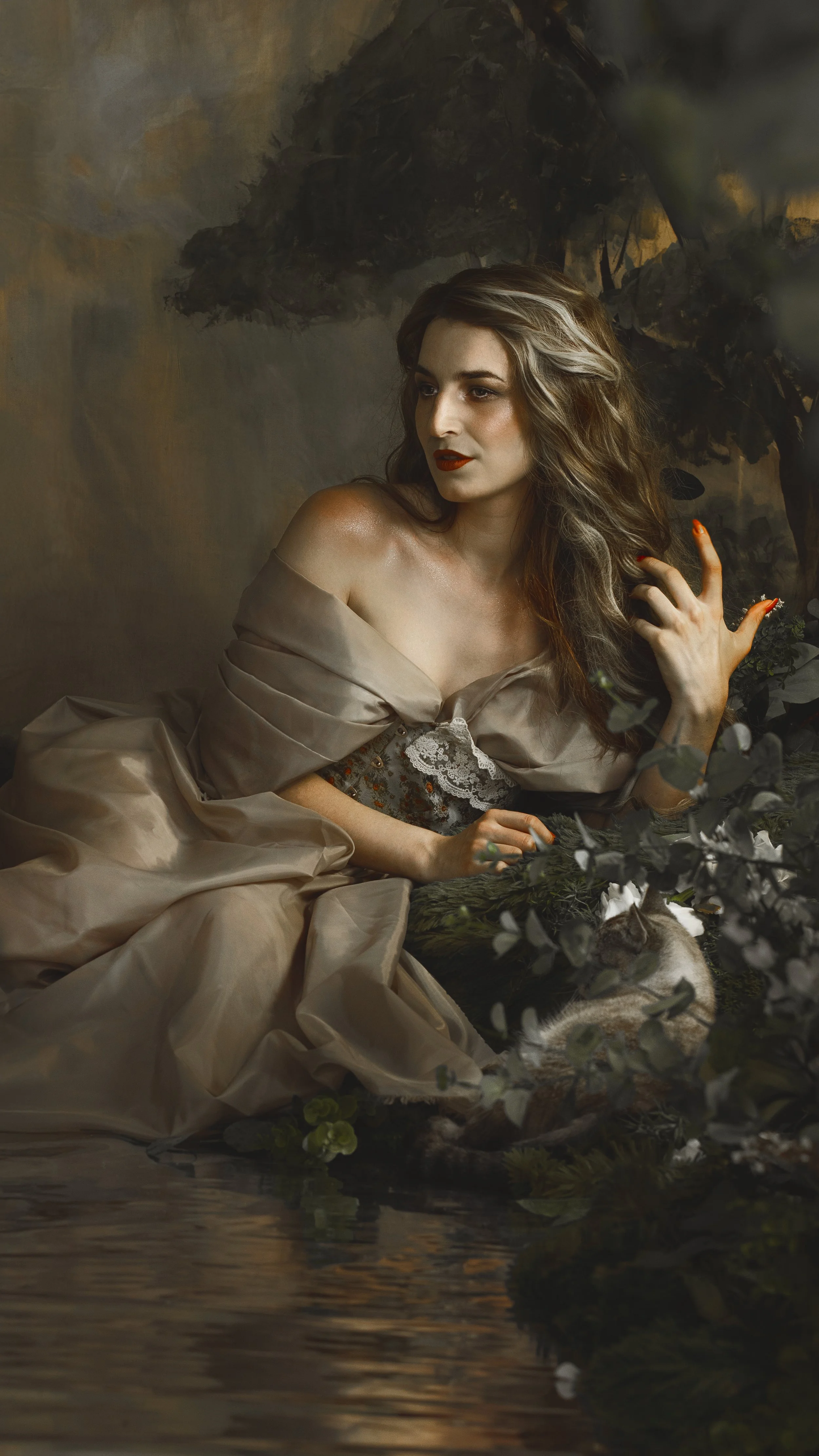 Dreamy fine art portrait of a woman in water surrounded by flowers and soft reflections. Painterly fantasy photography inspired by folklore, mythology and classical paintings. Romantic, ethereal imagery with storytelling atmosphere and natural elemen