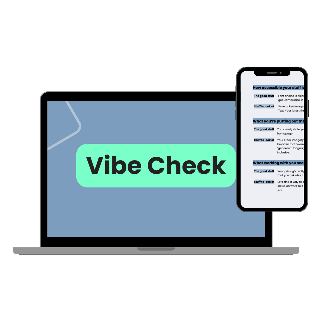 Mockup of a laptop and phone showing a Vibe Check report. The screens list audit categories: accessibility, content inclusion, and brand transparency, including specific fixes for alt text and visual diversity.