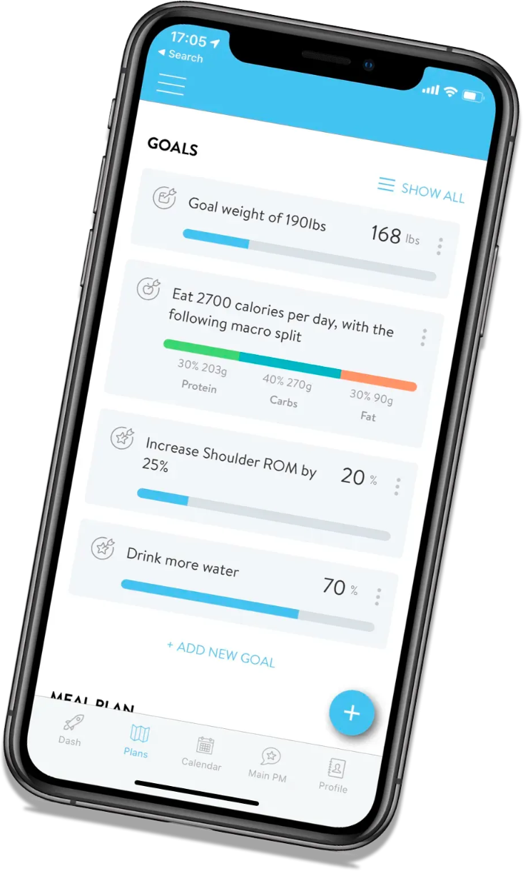 A smartphone displaying a fitness goal tracking app with goals including weight loss, calorie intake, shoulder ROM, and hydration.