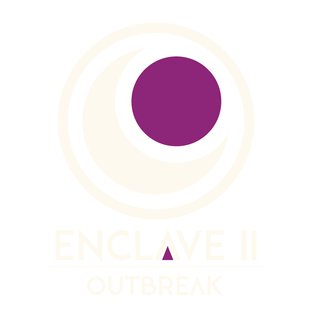 Logo with a circular graphic design and text reading "Enclave II Outbreak" on a black background.