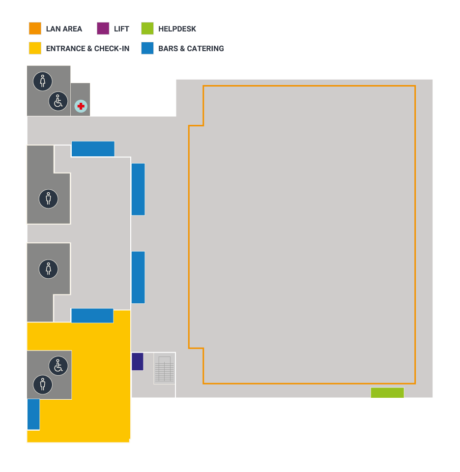 Floor plan of a facility with sections labeled LAN AREA, LIFT, HELPDESK, ENTRANCE & CHECK-IN, BARS & CATERING, illustrated with color-coded areas and icons for restrooms, disabled access, and medical assistance.