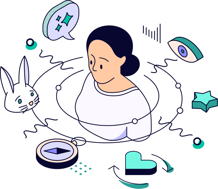 Ilustración de una persona con elementos relacionados con la tecnología y la creatividad, como un gato, un ojo, una estrella, un corazón, una brújula y símbolos digitales, todos conectados en un fondo oscuro.