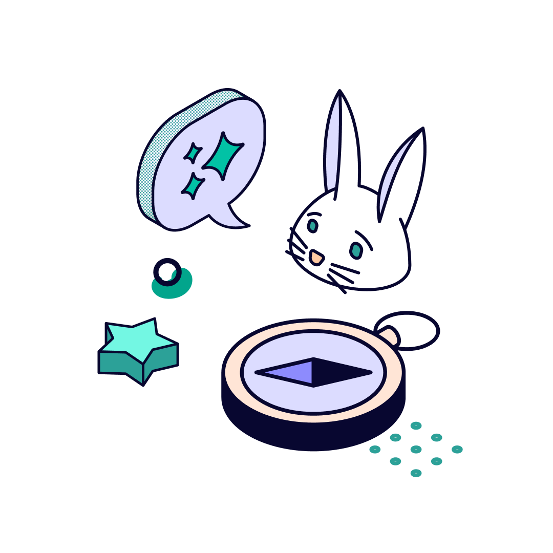 Dibujo de un conejo blanco con orejas largas, frente a una lupa, con una burbuja de chat con estrellas brillantes, una estrella y unos pequeños puntos alrededor.