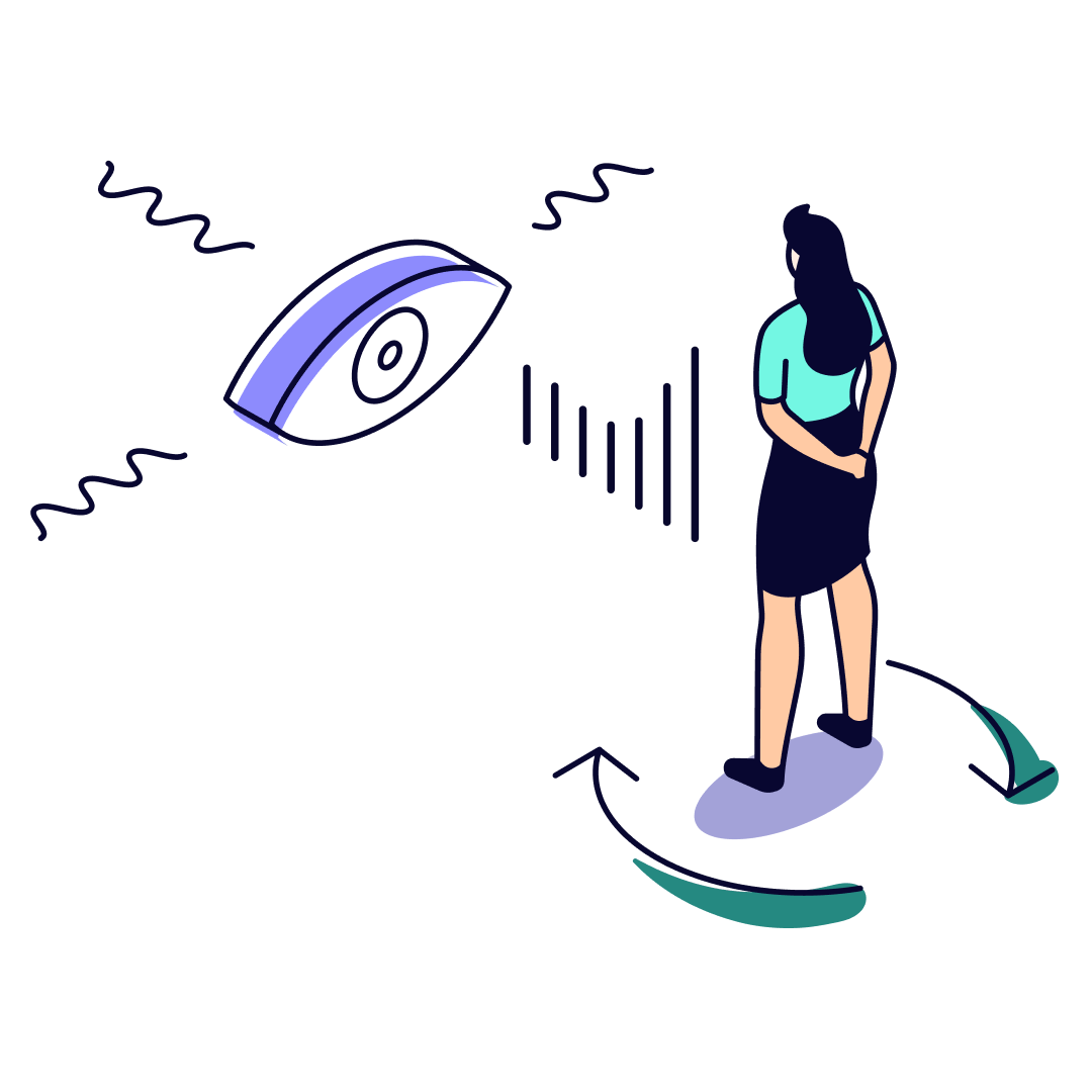 Ilustración digital de una mujer observando un ojo con ondas y líneas que representan transmisión o vigilancia.