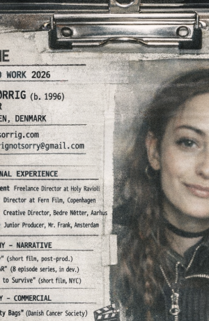 Close-up of a resume attached to a clipboard, with a woman's face partially visible on the right side of the image.