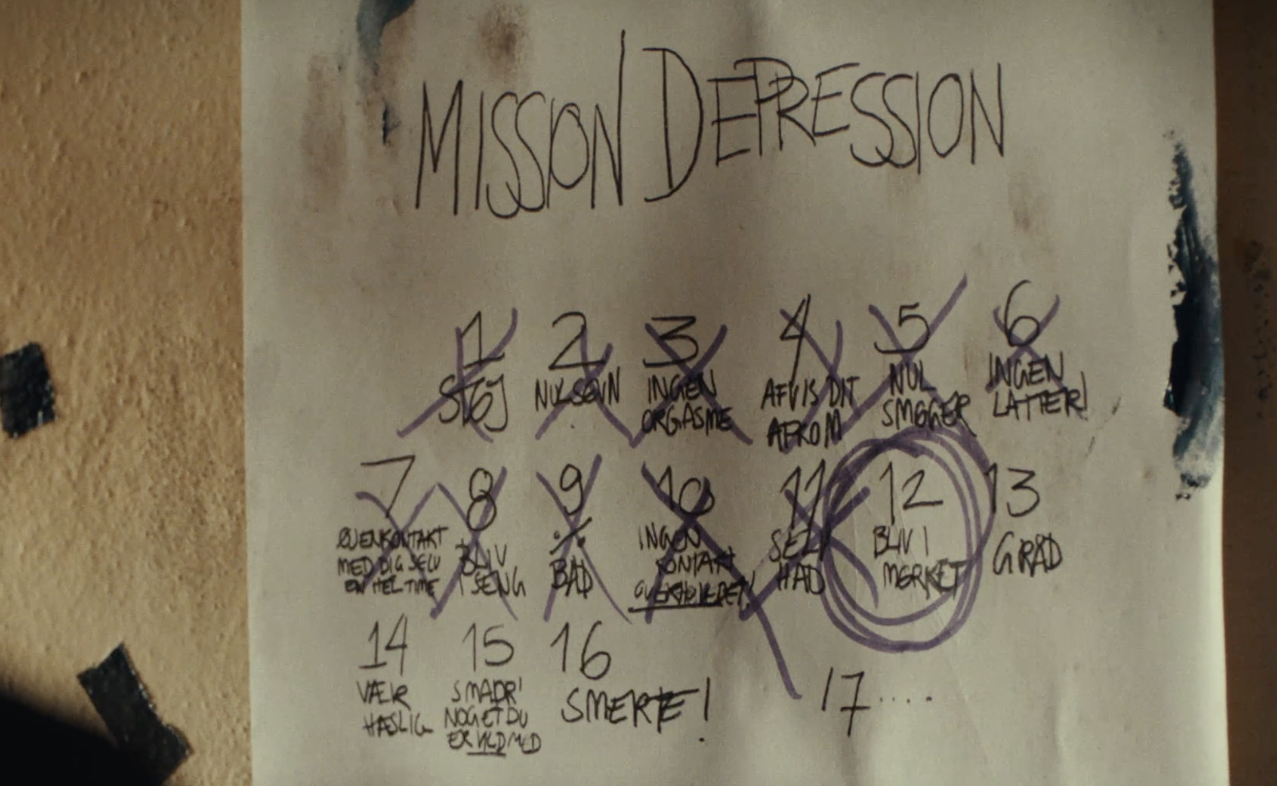 A handwritten note titled 'MISSION DEPRESSION' with a list of numbered words and phrases, some crossed out, such as 'STJ', 'NUOSM', 'ORGASME', 'AROM', 'VET', 'SMADR', 'SMARE', and numbers 1 to 17.
