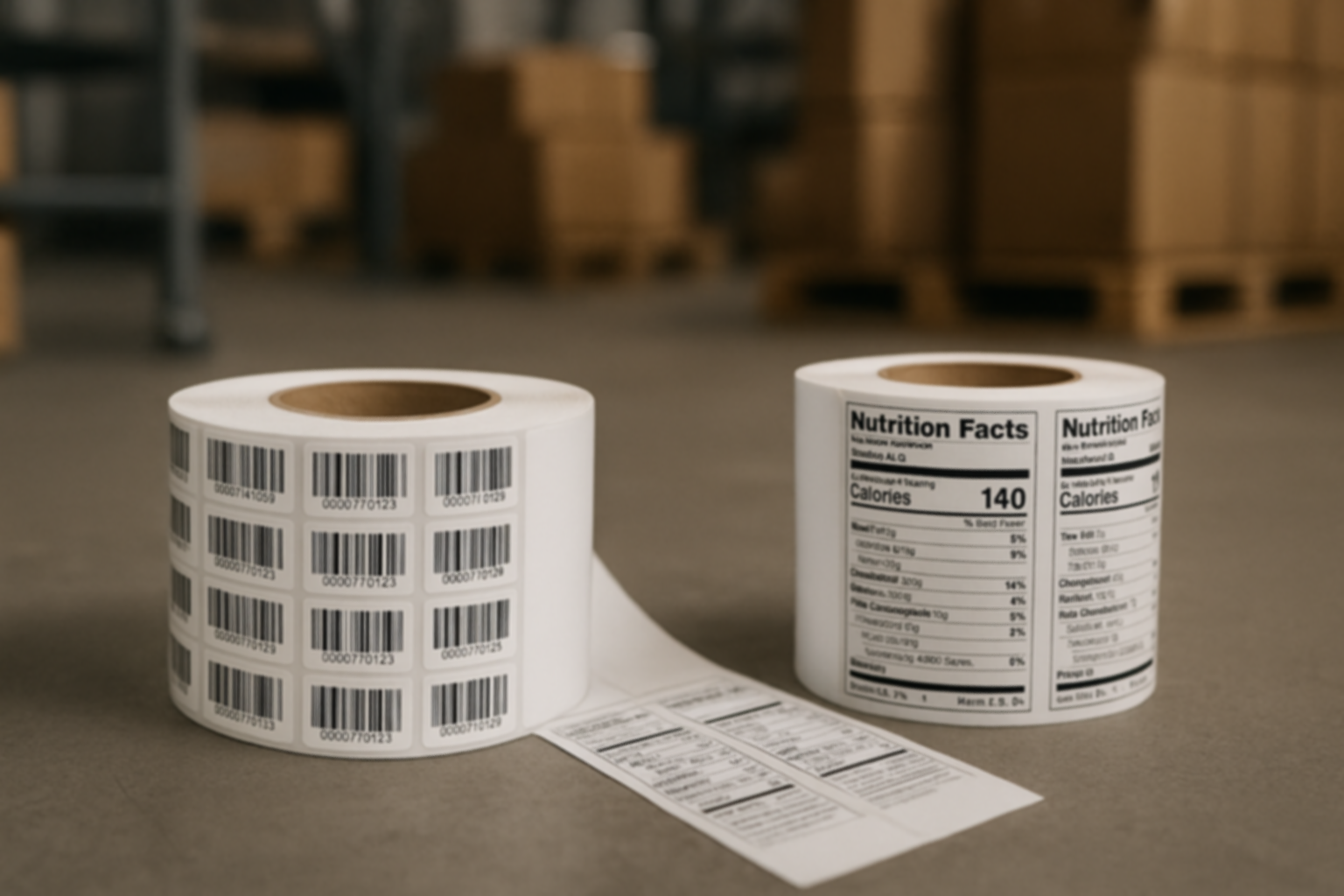Dos rollos de etiquetas, uno con código de barras y otro con información nutricional, representando el producto Papel Couché.