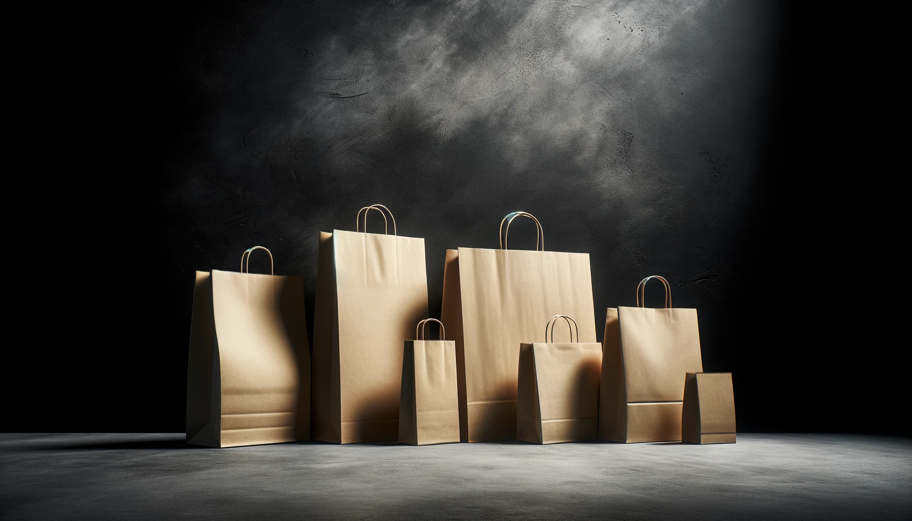 Varios bolsas de papel kraft de diferentes tamaños, pequeño, mediano, grande con y sin manijas.