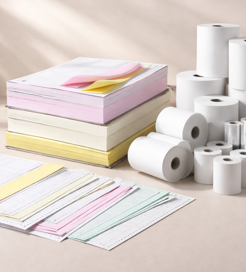 Varias bobinas, hojas y formularios continuos de colores, ya sean para duplicados o triplicados para facturas, notas de crédito, notas de debito, entre otros.