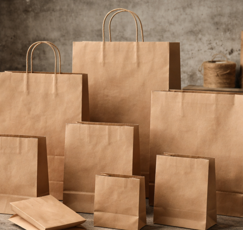 Varios bolsas de papel kraft de diferentes tamaños, pequeño, mediano, grande con y sin manijas.