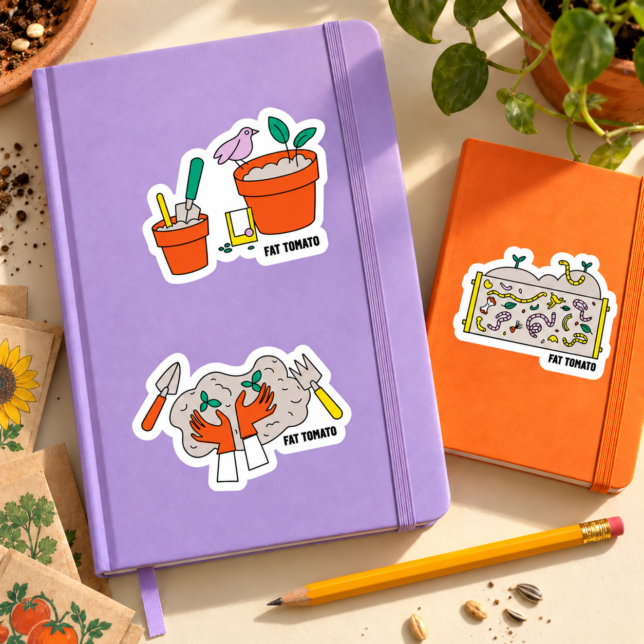 Fat Tomato Growing, Gardening and Compost stickers on lilac and orange notebooks.