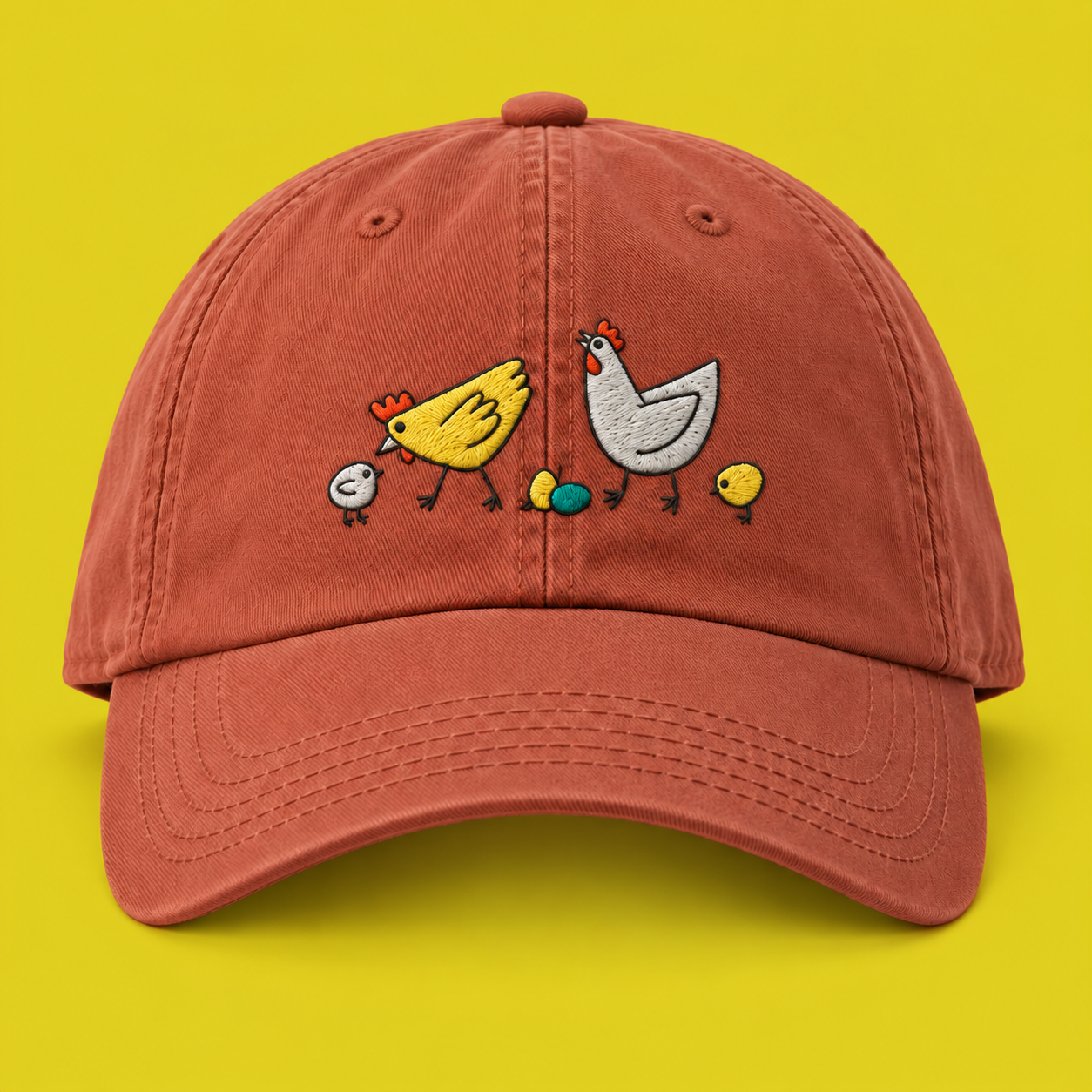 Terracotta organic cotton cap with embroidered chickens and chicks on a yellow background.