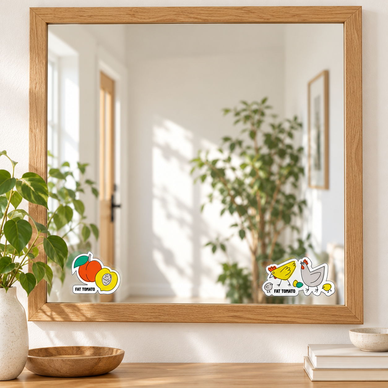 Peach and hen stickers decorating the lower corners of an oak-framed mirror.