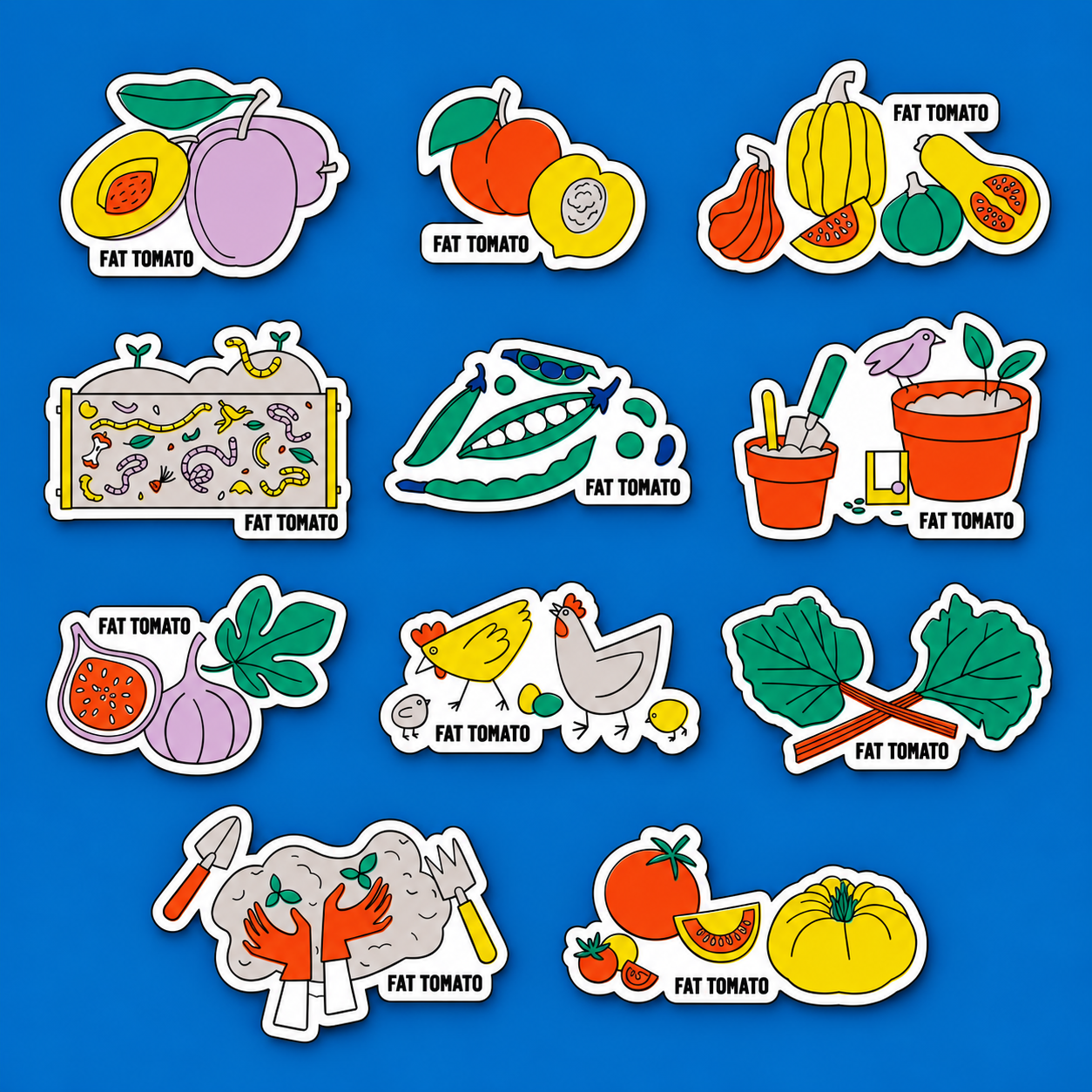 Complete collection of 11 Fat Tomato vinyl stickers featuring colourful food and gardening illustrations on a blue background.