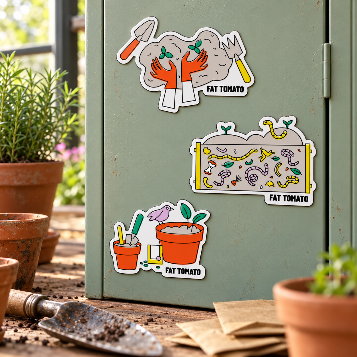 Gardening, Compost and Growing magnets on a sage green steel potting shed cabinet.