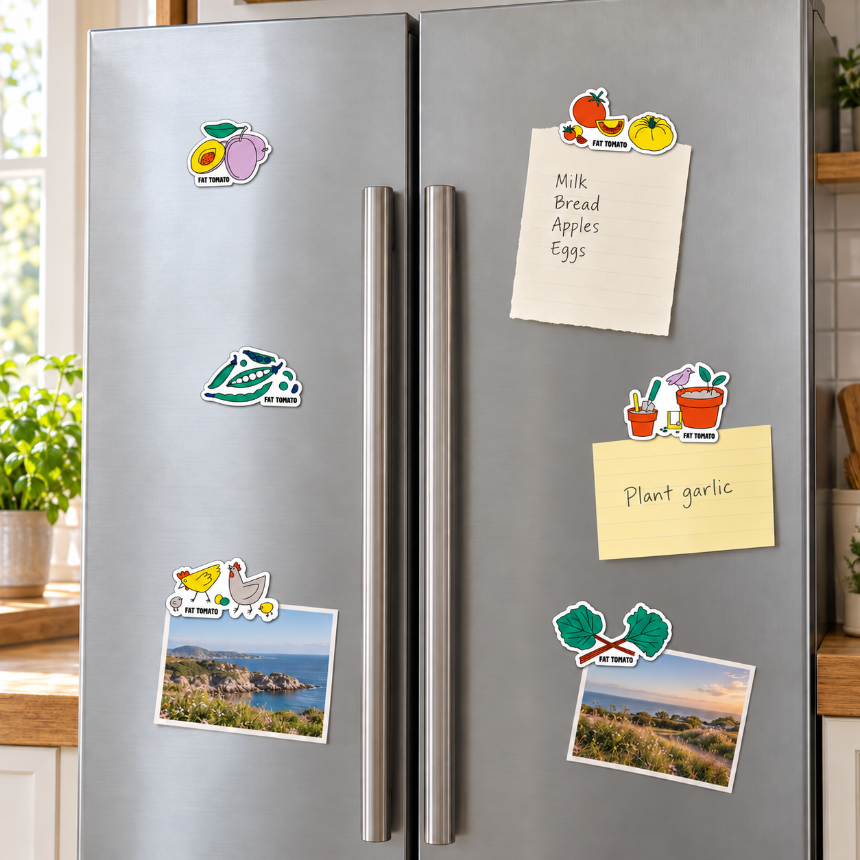 Colourful Fat Tomato garden magnets holding handwritten notes and coastal postcards on a silver double-door fridge.