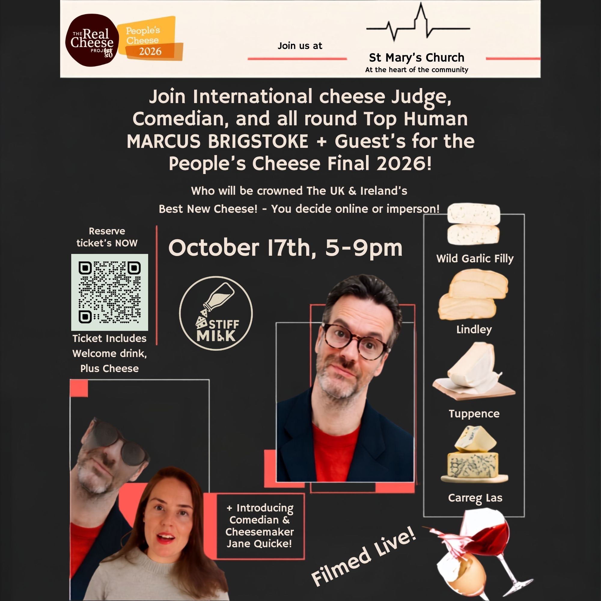 People's Cheese The Finals live at st mary’s church with comedien marcus brigstocke &amp; aspiring comedien and pro cheesemaker jane quicke