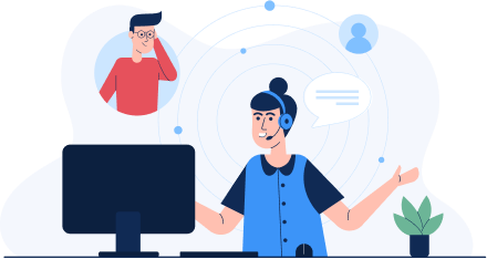 Customer service representative with headset, speaking at a computer in a virtual assistance setting.