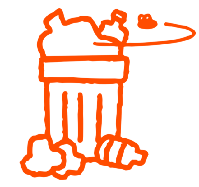 An orange outline of a trash can filled with trash and a discarded bottle next to it.