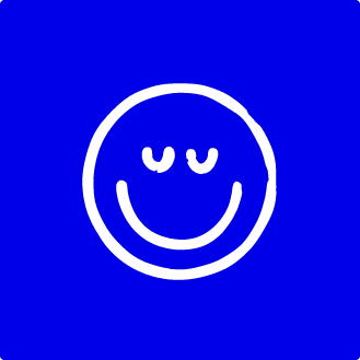 White smiley face with closed eyes on a blue background.