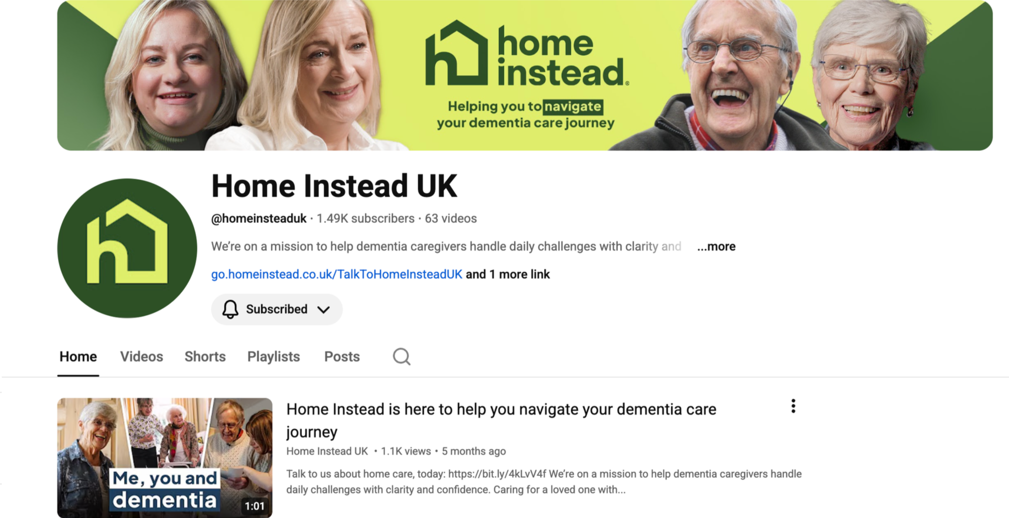 Screenshot of the Home Instead UK YouTube channel page, featuring a banner with smiling elderly people and the logo, along with a profile picture of the same logo, and a video thumbnail showing elderly women and text about dementia care.