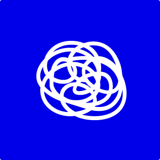 White sketch of a tangled ball of string on a solid blue background.