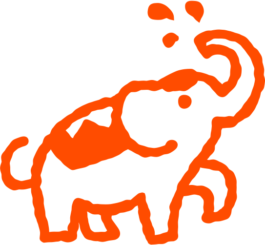 Orange outline drawing of an elephant with water splashing from its trunk
