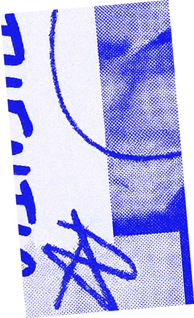 Close-up of a blue ink signature on a white surface with partial blue handwritten text, in a collage style.