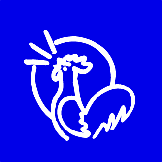 White line drawing of a crowing cockerel, set against a blue background.