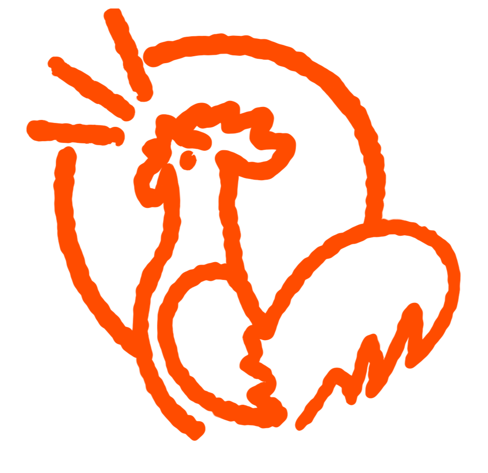 Abstract line drawing of a rooster in orange colour, crowing towards the sky.